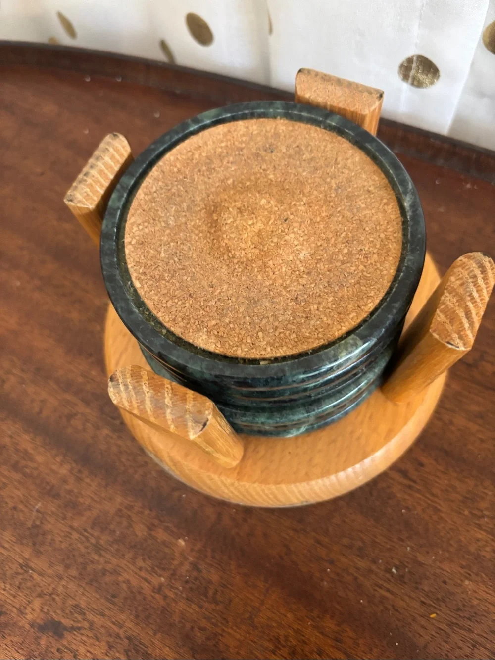 Vintage Himark Green Marble Stone Coaster Set with Wooden Holder